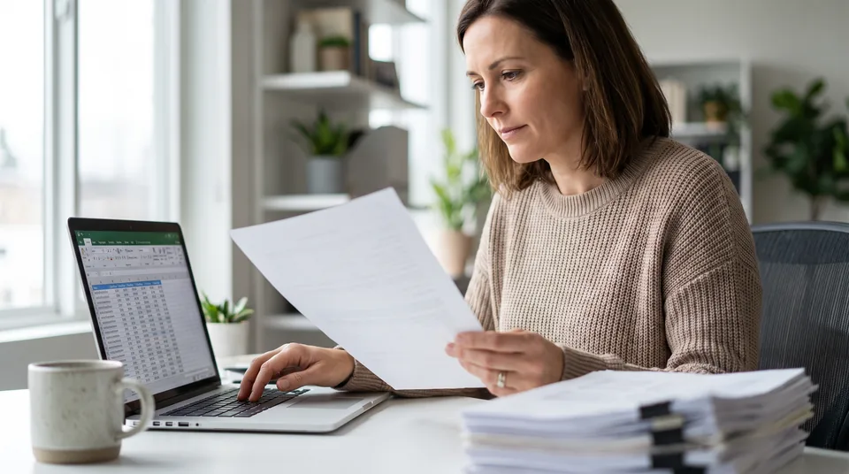 AP specialist checking a vendor invoice against extracted line items in a spreadsheet