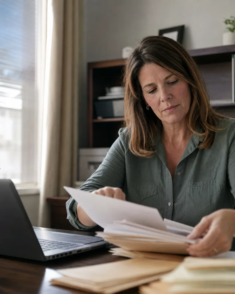 Bookkeeper sorting supplier and utility bills into folders beside a laptop