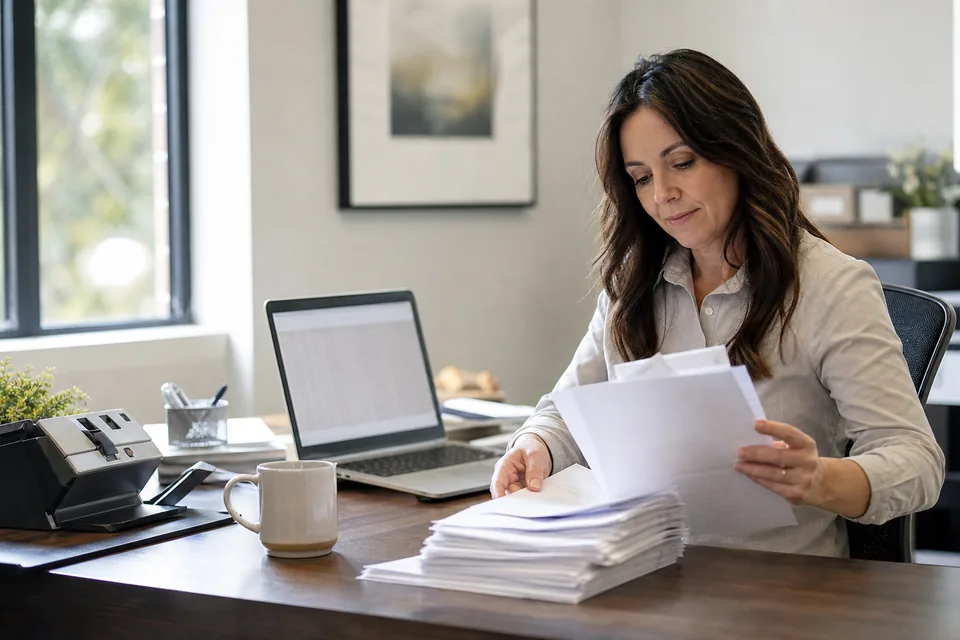 Bookkeeper sorting a stack of printed vendor bills beside a laptop