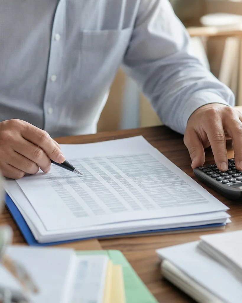 Finance manager reviewing a multi-page supplier invoice with a long line item table and a calculator