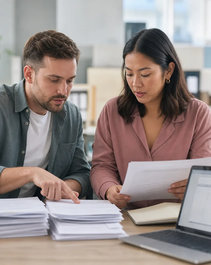 Engineer and AP analyst comparing two stacks of vendor invoices beside a laptop