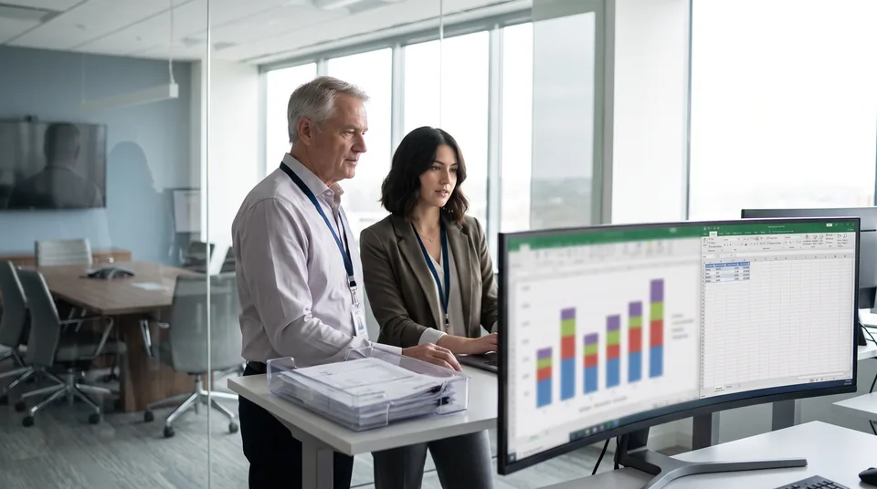 AP lead and SAP analyst reviewing invoice volumes and a monthly cost estimate on a monitor