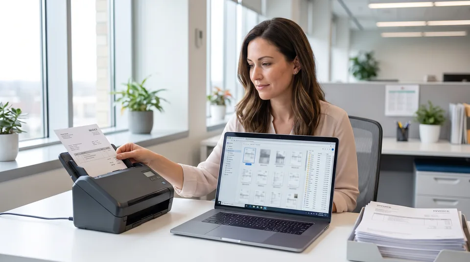 Accounts payable clerk reviewing scanned vendor invoices in a document library on a laptop
